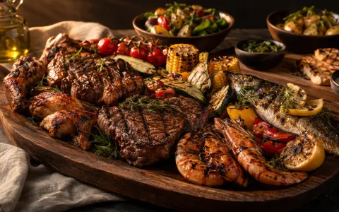 BBQ-pakket met gegrild vlees, vis en groenten op een houten schaal.