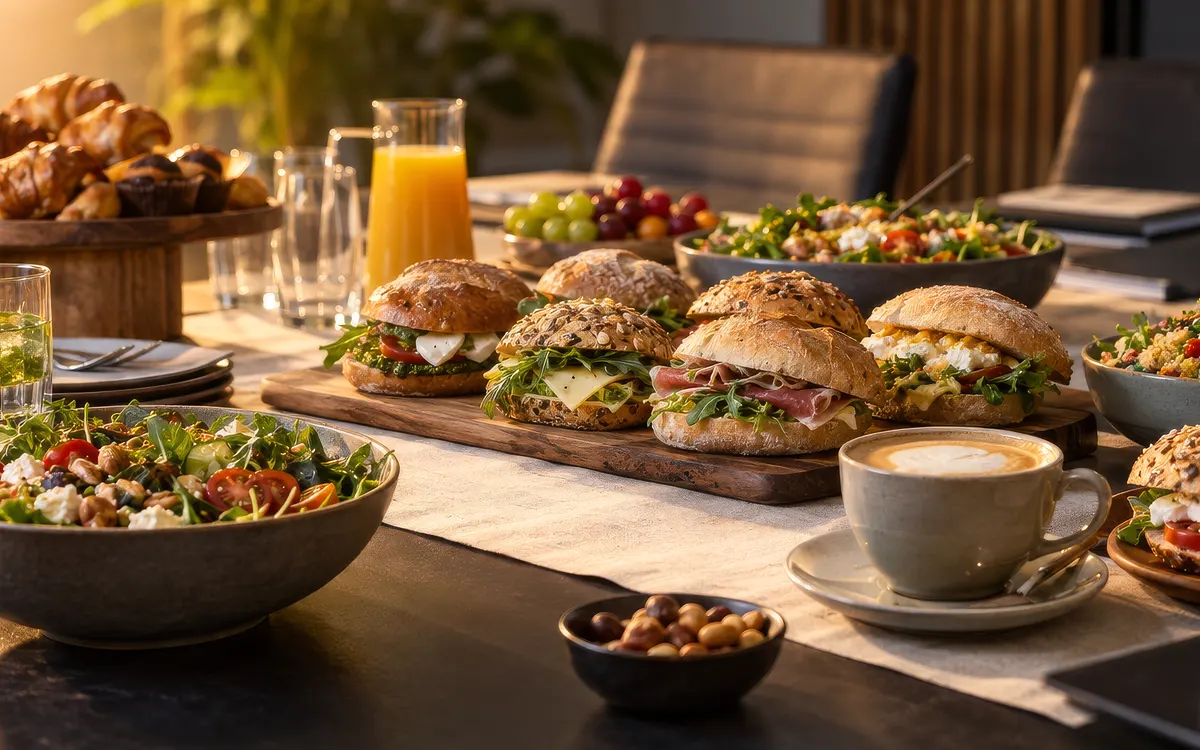 Vergadertafel met een zakelijke lunch van broodjes, salades en koffie.