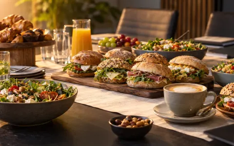Vergadertafel met een zakelijke lunch van broodjes, salades en koffie.