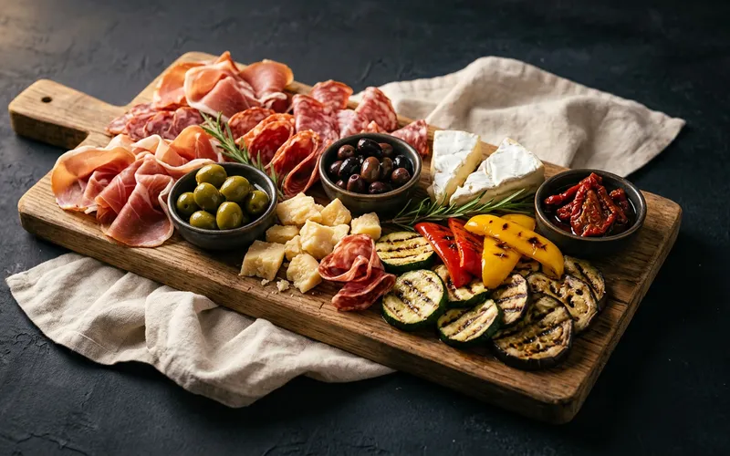 Houten borrelplank met vleeswaren, kaas, olijven en gegrilde groenten.