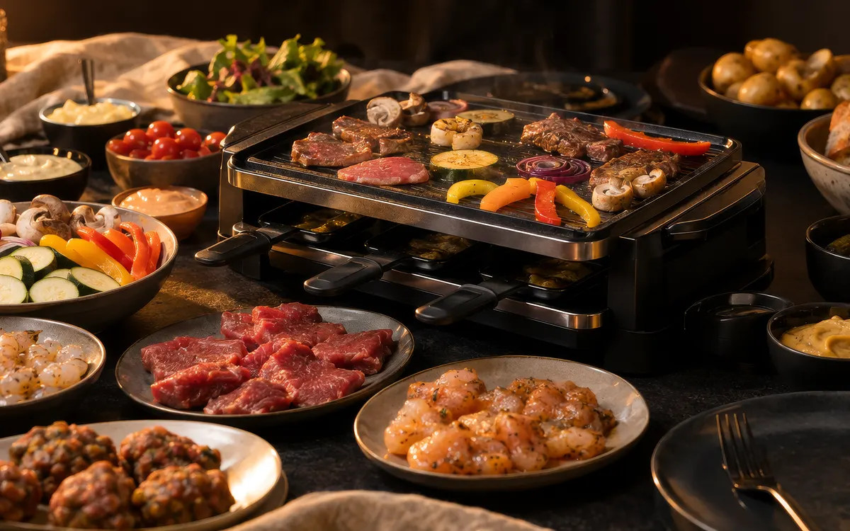 Gourmetset met vlees, groenten en sauzen, klaar om aan tafel te bereiden.