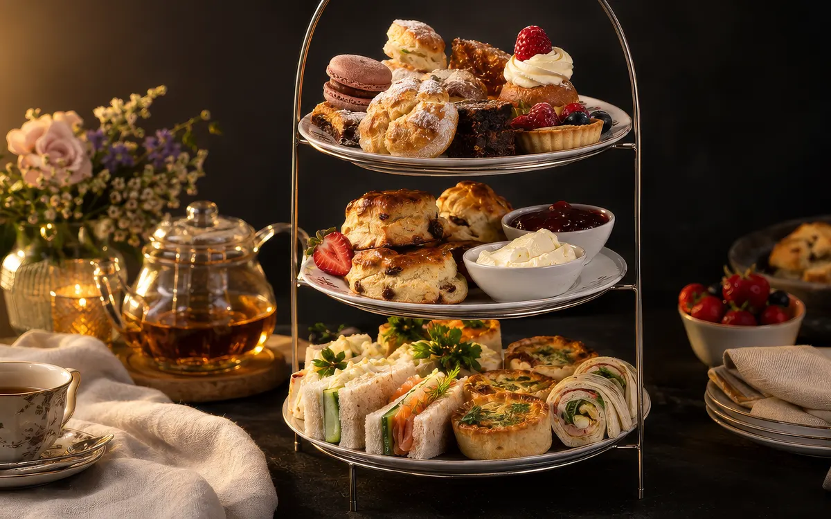 Etagère met zoete en hartige high tea hapjes.