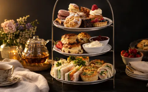 Etagère met zoete en hartige high tea hapjes.