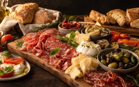 Italiaans getinte hapjesplank met antipasti, Italiaanse broodjes en olijven op een houten tafel.