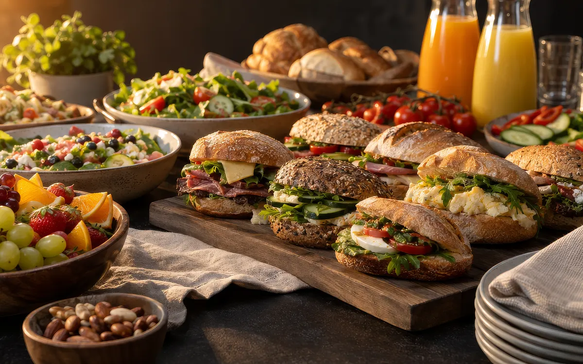 Lunchtafel met belegde broodjes, verse salades en fruit, aangericht voor een zakelijke lunch.