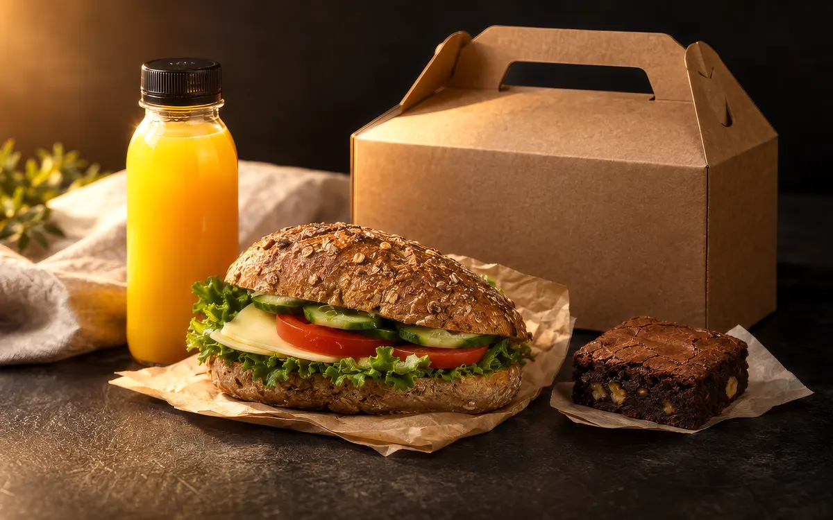 Individuele lunchpakketten met broodje, drinken en een zoetigheid, naast elkaar verpakt.