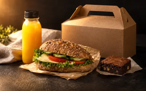 Individuele lunchpakketten met broodje, drinken en een zoetigheid, naast elkaar verpakt.