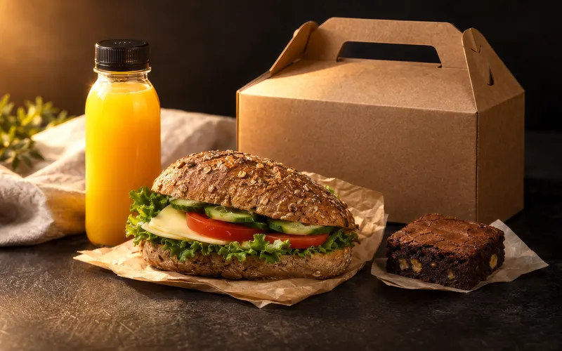 Individuele lunchpakketten met broodje, drinken en een zoetigheid, naast elkaar verpakt.