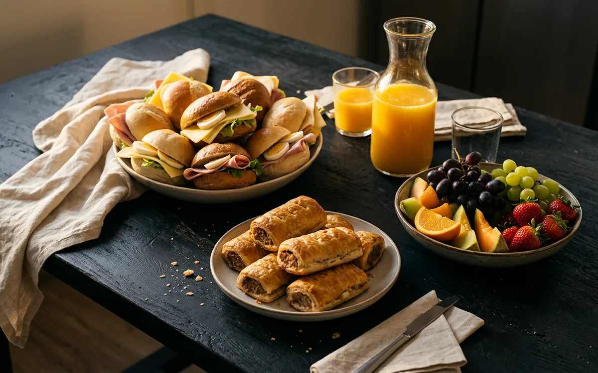 Ontbijt met belegde bolletjes, saucijzenbroodjes, fruit en jus d'orange.