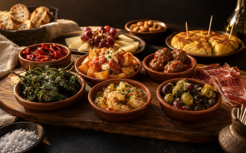 Tapasplank met kleine Spaanse gerechten om te delen.