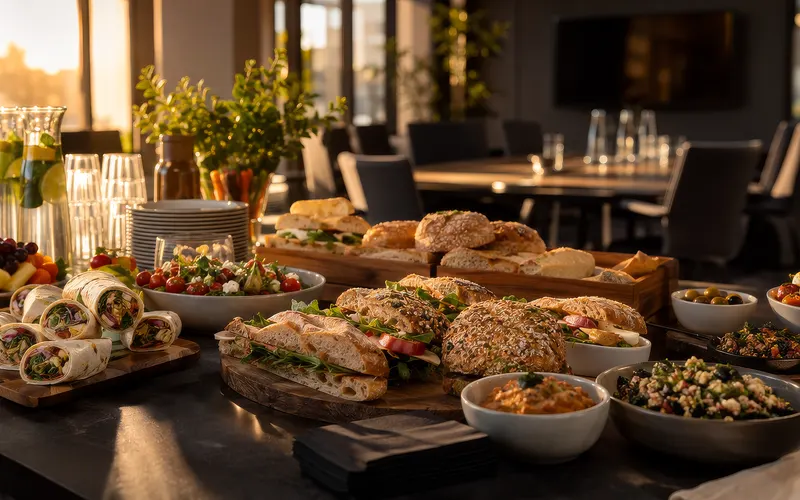 Kantoorruimte met een lunchbuffet klaargezet voor een vergadering.