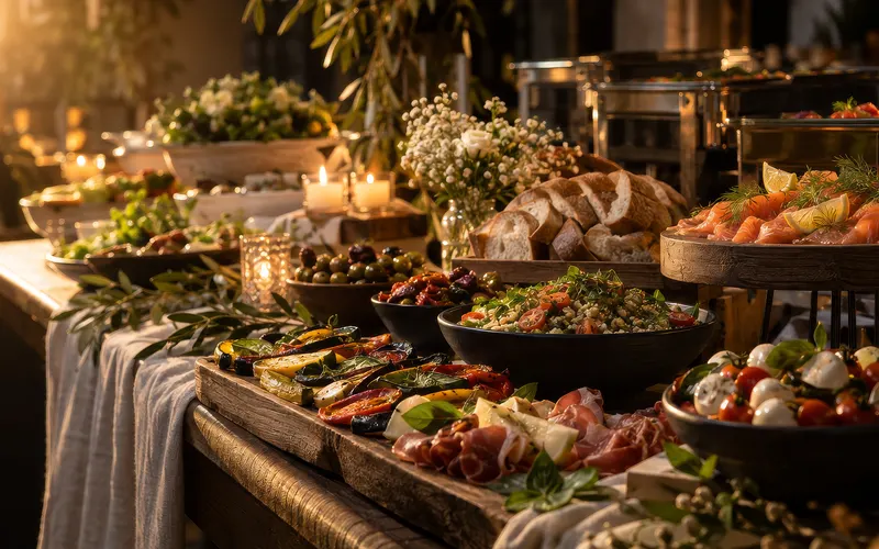 Feestelijk buffet aangericht voor een bruiloft.