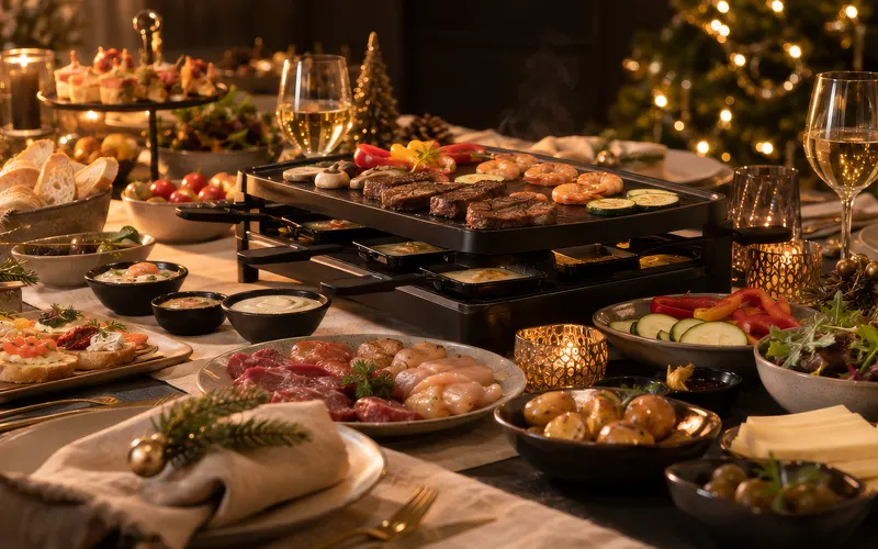 Feestelijk kerstbuffet met gourmetschotel en hapjes op een gedekte tafel.