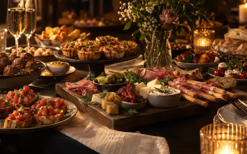 Feestelijk gedekte tafel met hapjes voor een verjaardagsfeest.