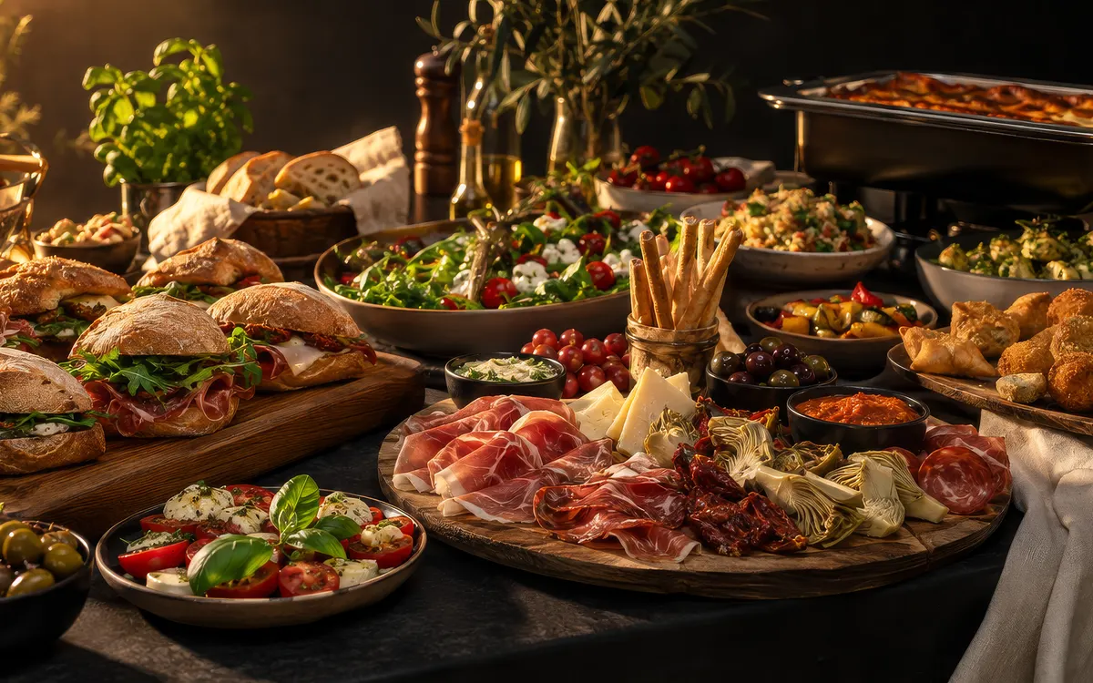 Cateringtafel met belegde broodjes, salades, tapasplanken en warme hapjes, aangericht voor een gezelschap.