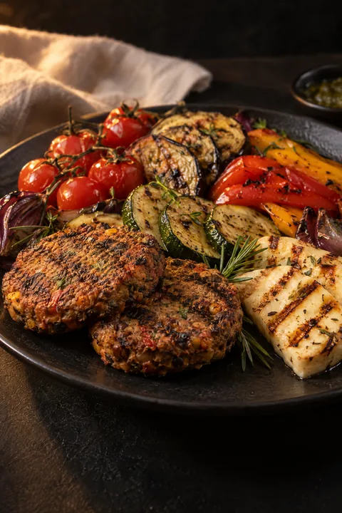 Vegetarisch bbq-pakket met burgers, gegrilde groenten en halloumi. Vlees of vis zit er niet in.