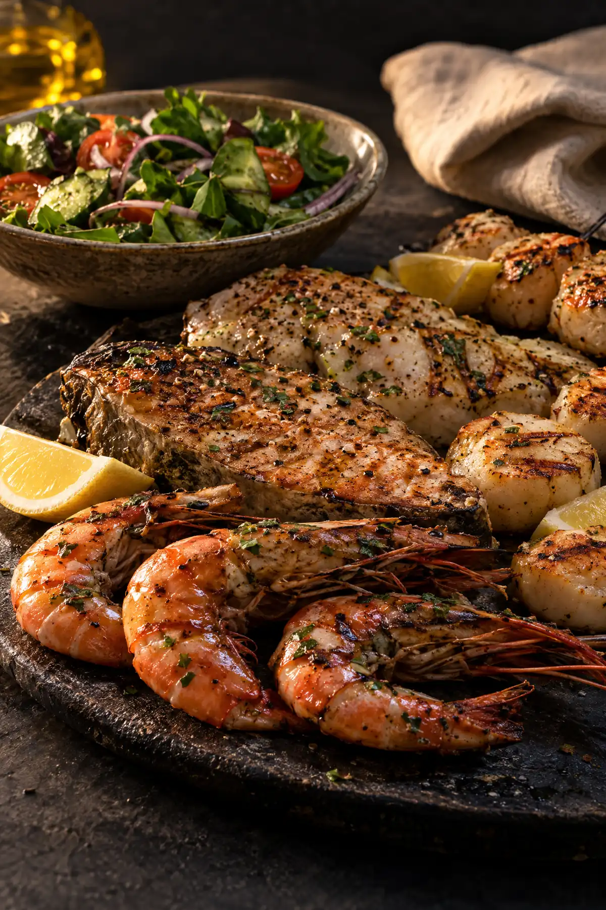Vis en schaaldieren, gekruid en klaar voor de barbecue, met een frisse salade erbij.