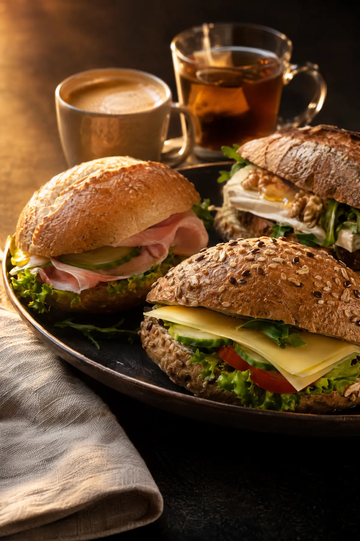 Compacte lunch met belegde broodjes en koffie of thee, snel geregeld voor een vergadering op kantoor.