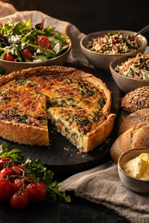 Uitgebreide vergaderlunch met warme quiche, salades en verse broodjes voor een langere sessie.