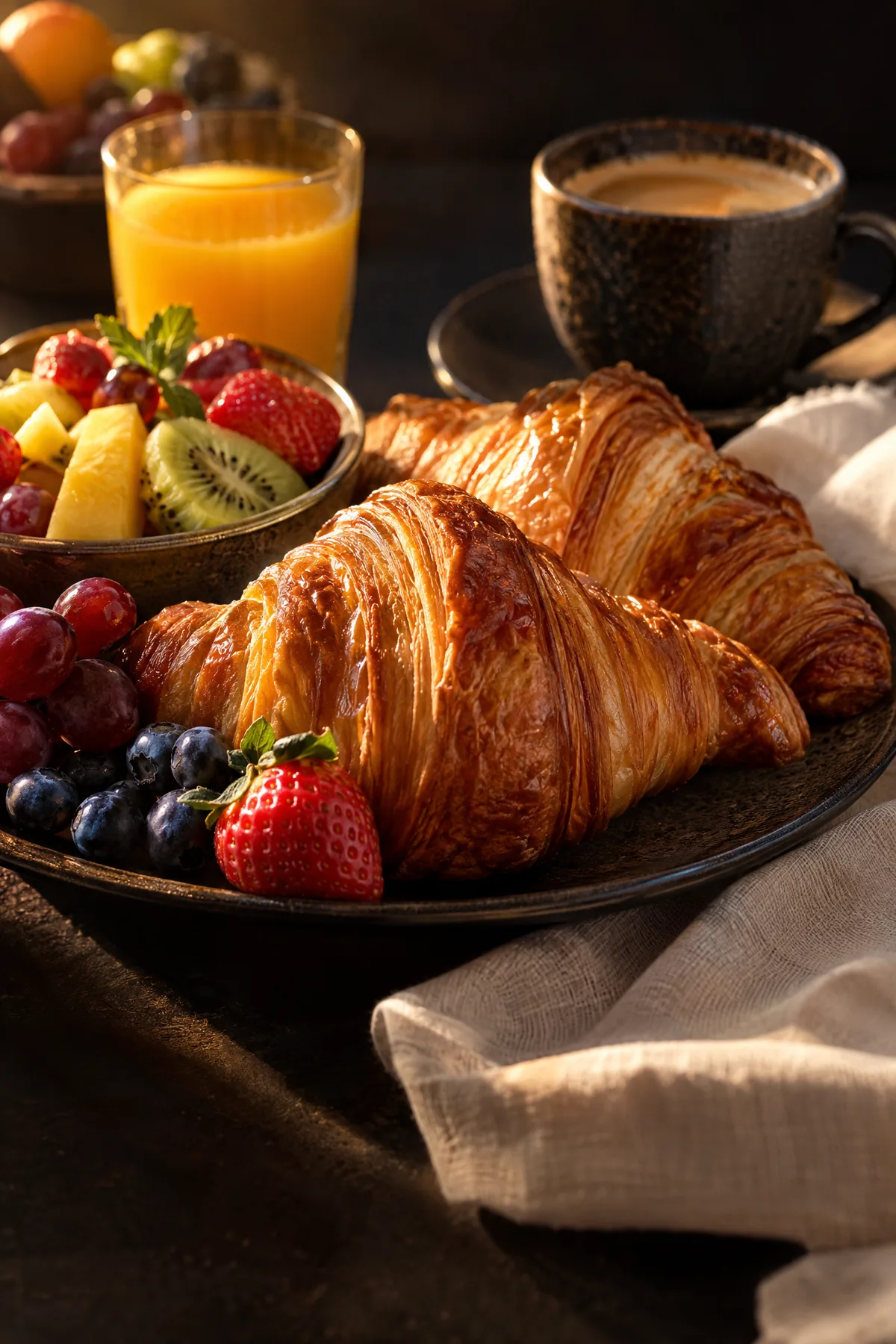 Ontbijt met croissants, vers fruit en koffie, klaargezet voor een vroege start van de werkdag.