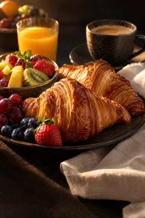 Ontbijt met croissants, vers fruit en koffie, klaargezet voor een vroege start van de werkdag.