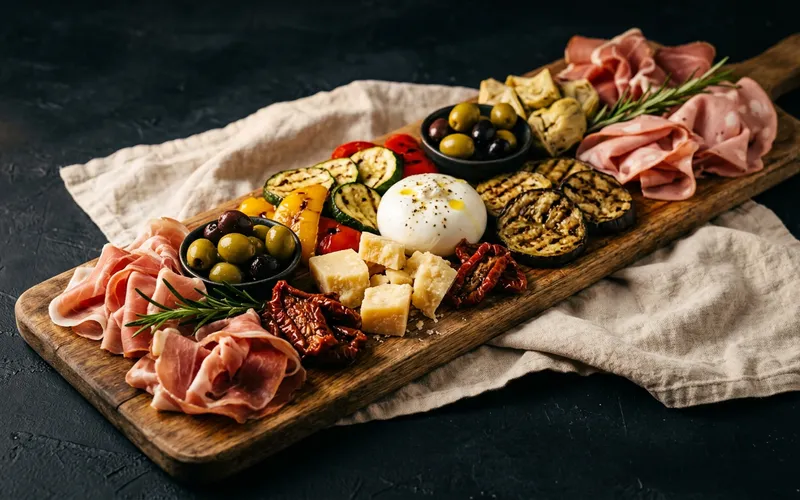 Italiaanse borrelplank met antipasti, kazen, vleeswaren en gegrilde groenten