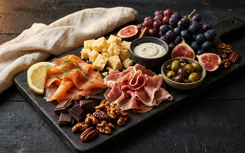 Luxe borrelplank met gerookte zalm, oude kaas, serranoham en iets zoets.