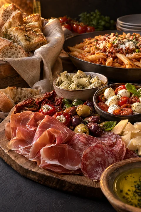 Buffetvariant met Italiaanse antipasti, warme pasta en vers brood.