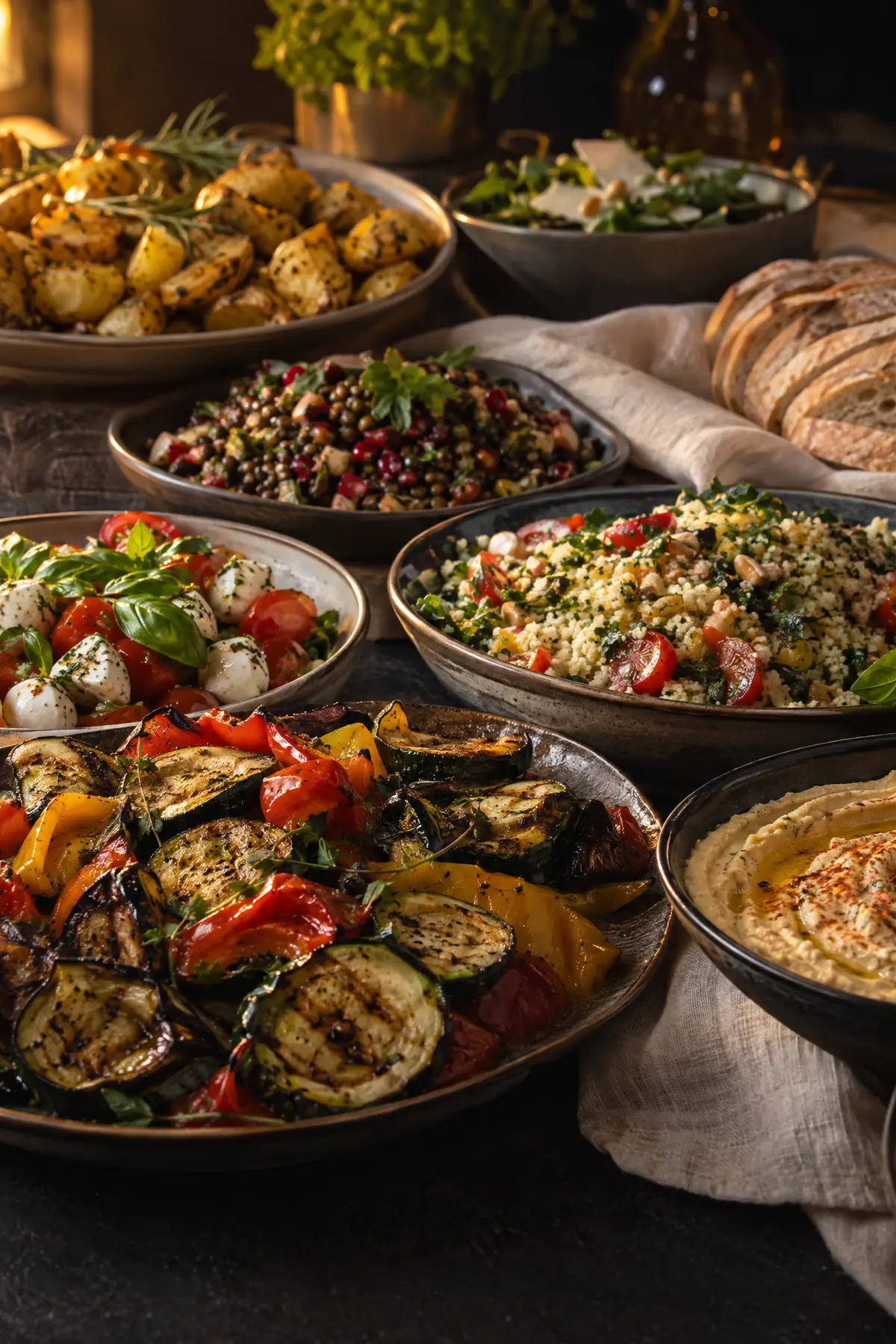 Warme en koude gerechten in een volledig vegetarisch buffet, zonder vlees of vis.