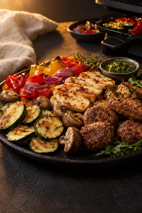 Groenten, halloumi en vegetarische vleesvervangers voor de gourmetstel. Geen vlees of vis erbij.