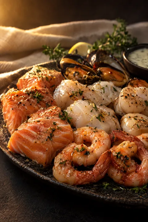 Gekruide vis en schaaldieren voor de gourmetstel, geserveerd met een lichte saus.