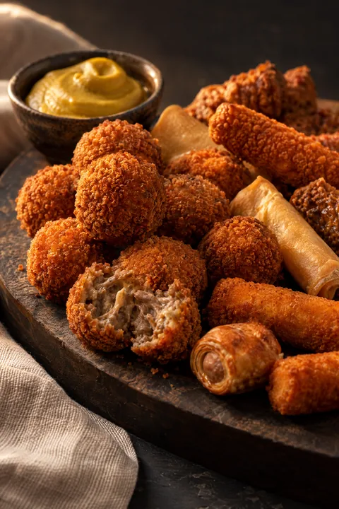 Klassieke bitterballen en frituursnacks, geserveerd met mosterd.