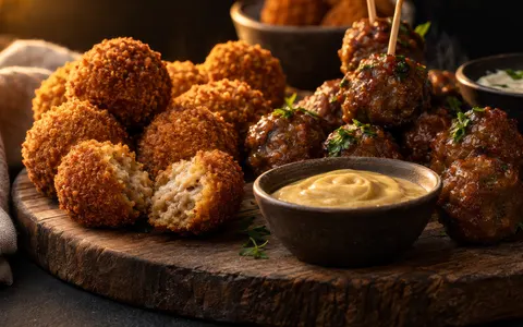 Warme borrelhapjes zoals bitterballen en gehaktballetjes, geserveerd met dipsaus.