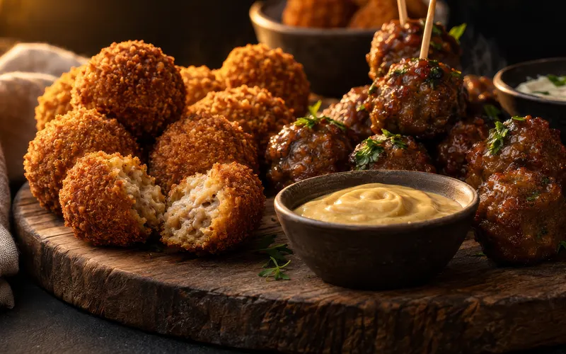 Borrelplank met warme hapjes voor een borrel.