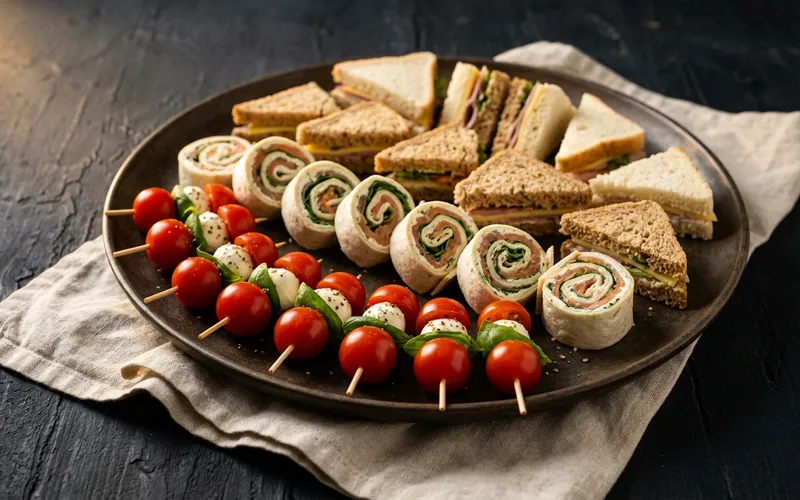 Schaal met mini sandwiches, wraps en spiesjes caprese
