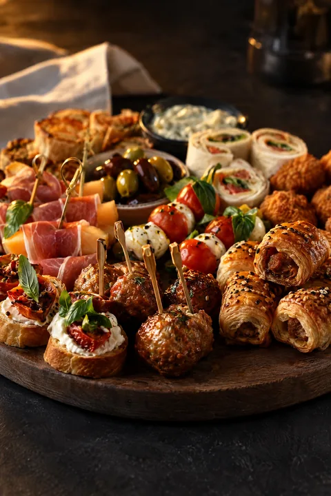 Gevarieerde mix van warme en koude hapjes, samengesteld voor een verjaardagsfeest.