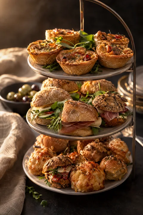Voor wie liever hartig eet: minisandwiches en quiche op de etagère.