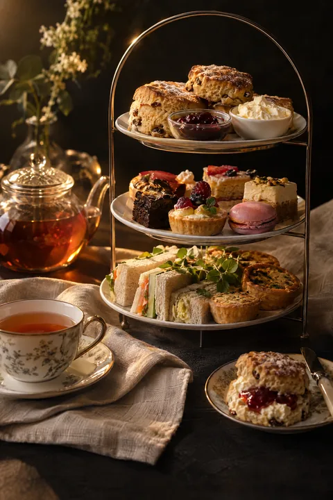 Scones, zoetigheid en hartige bites op de etagère, aangevuld met een selectie thee.