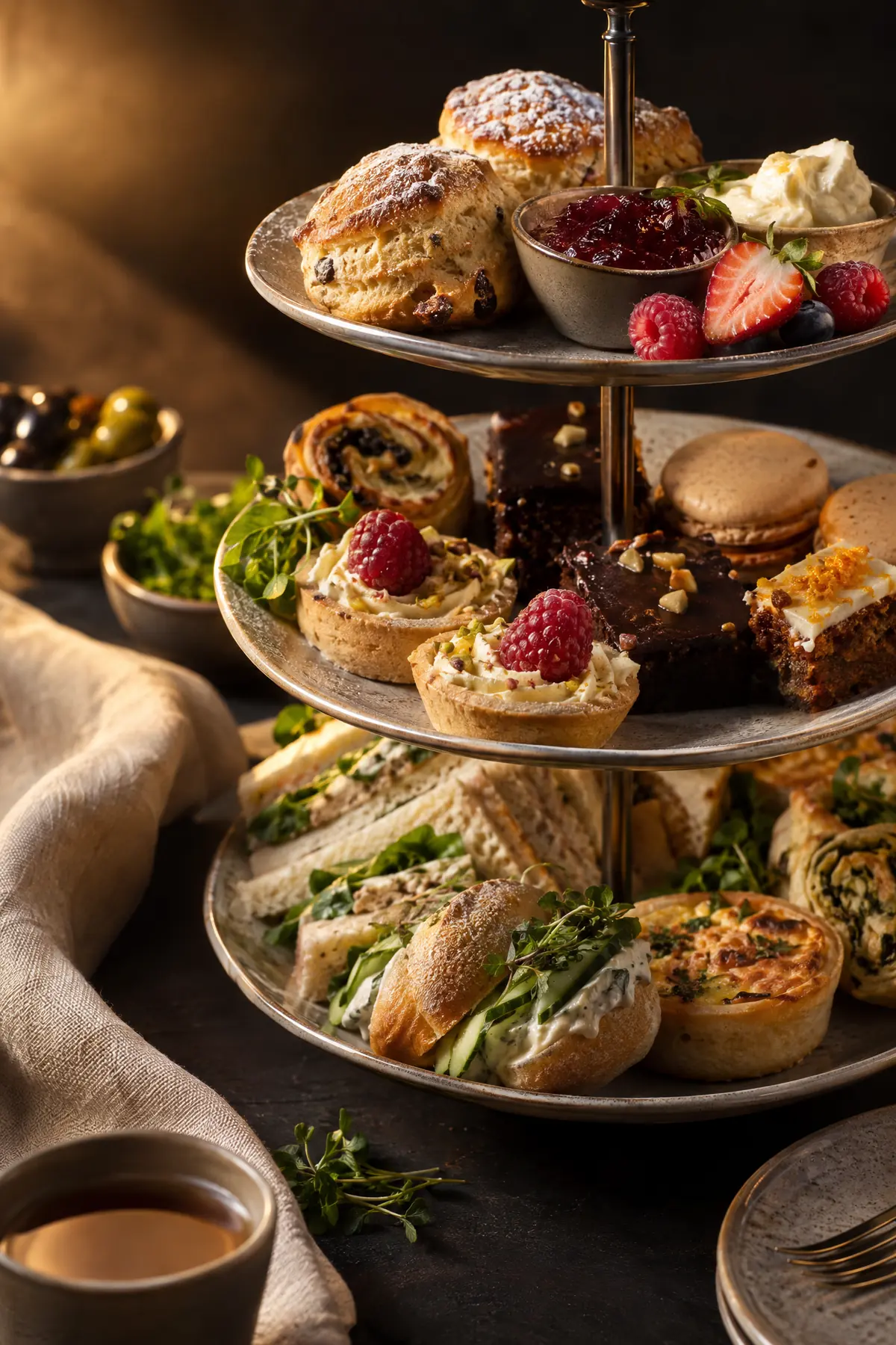 Zoete en hartige bites, samengesteld als vegetarische high tea zonder vlees of vis.
