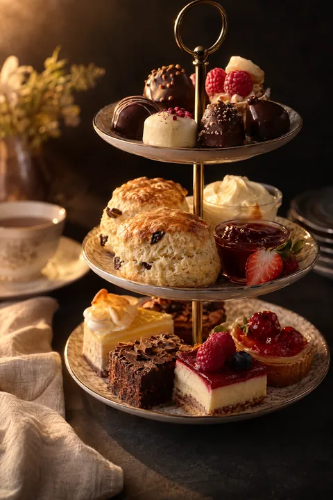 Alleen zoet op deze etagère: gebak, scones en bonbons.