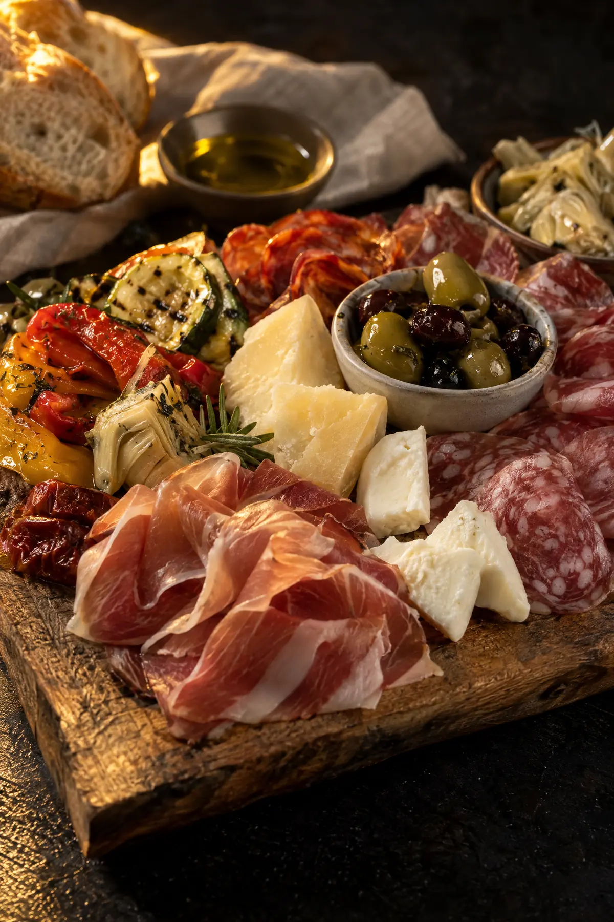 Plank met Italiaanse voorgerechten: vleeswaren, kazen, olijven en gegrilde groenten in olijfolie.
