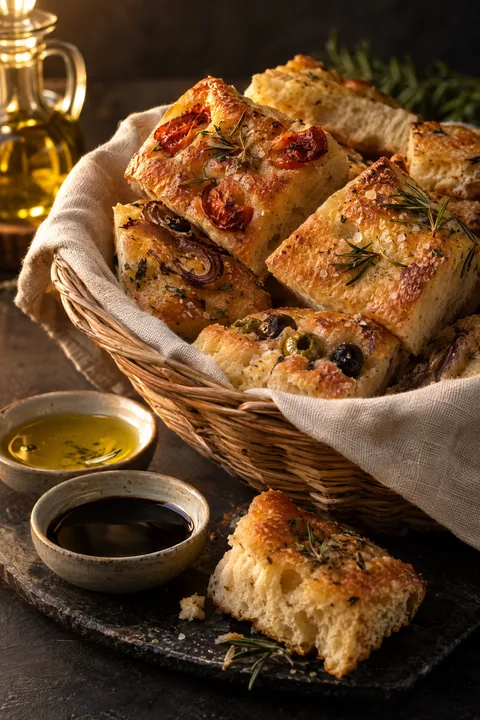 Mand met vers gebakken focaccia in verschillende smaken, geserveerd met olijfolie en balsamico.