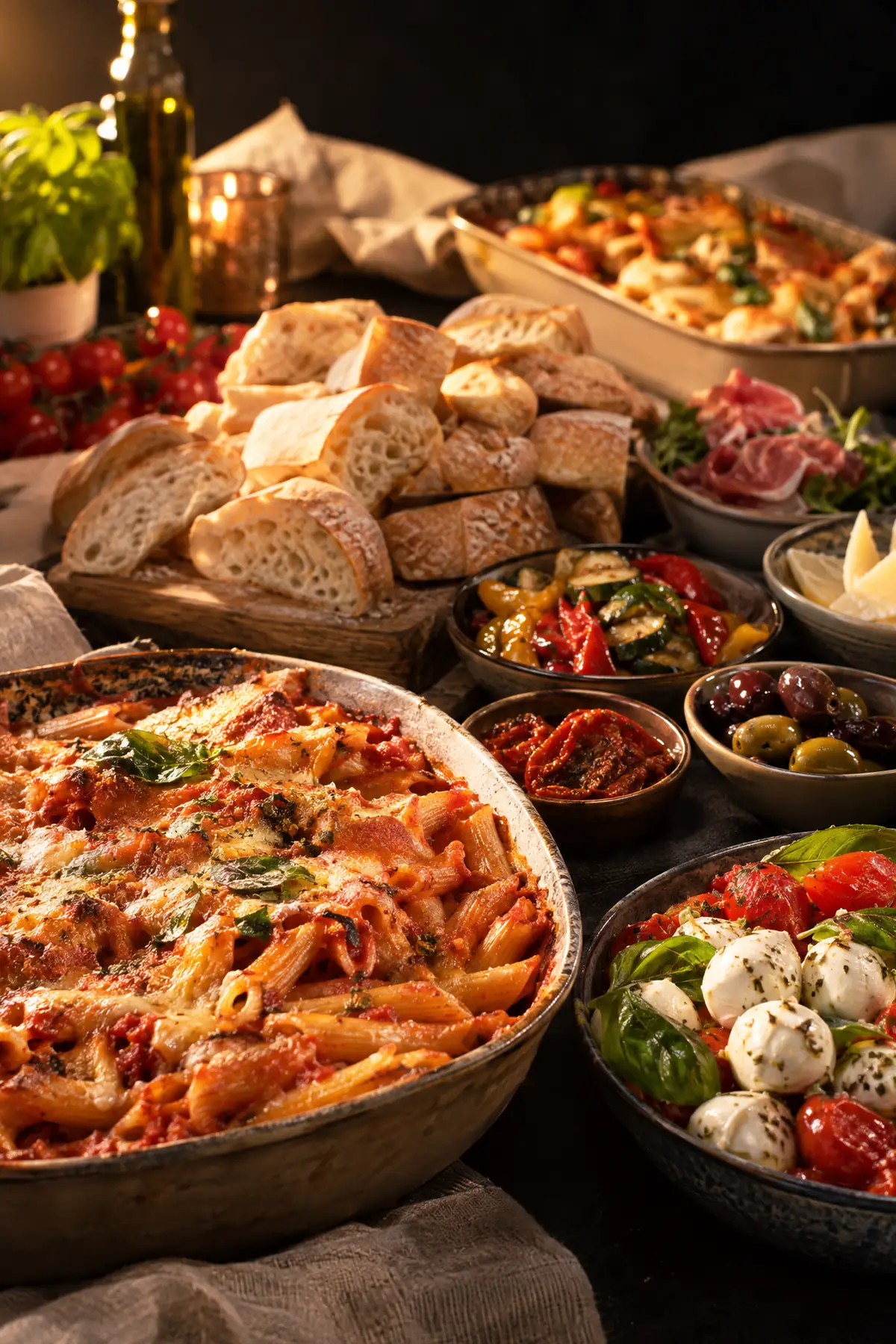 Warm buffet met pasta, antipasti en Italiaanse broodjes, voor een grotere groep met een Italiaans accent.