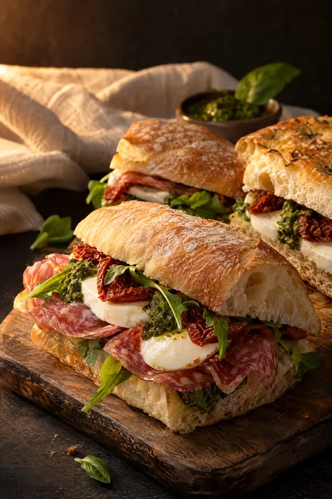 Vers gebakken ciabatta en focaccia belegd met salami, mozzarella, pesto en zongedroogde tomaat.
