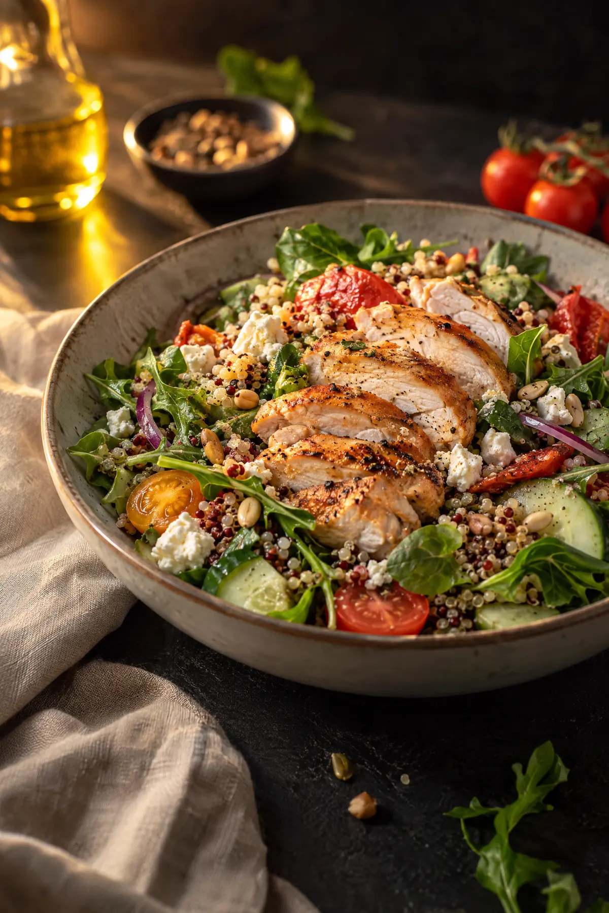 Frisse maaltijdsalades met verse groenten, granen en een eiwitrijke topping, voor wie liever licht lunch.