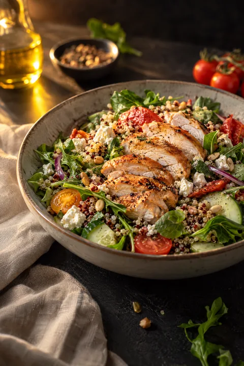 Frisse maaltijdsalades met verse groenten, granen en een eiwitrijke topping, voor wie liever licht lunch.