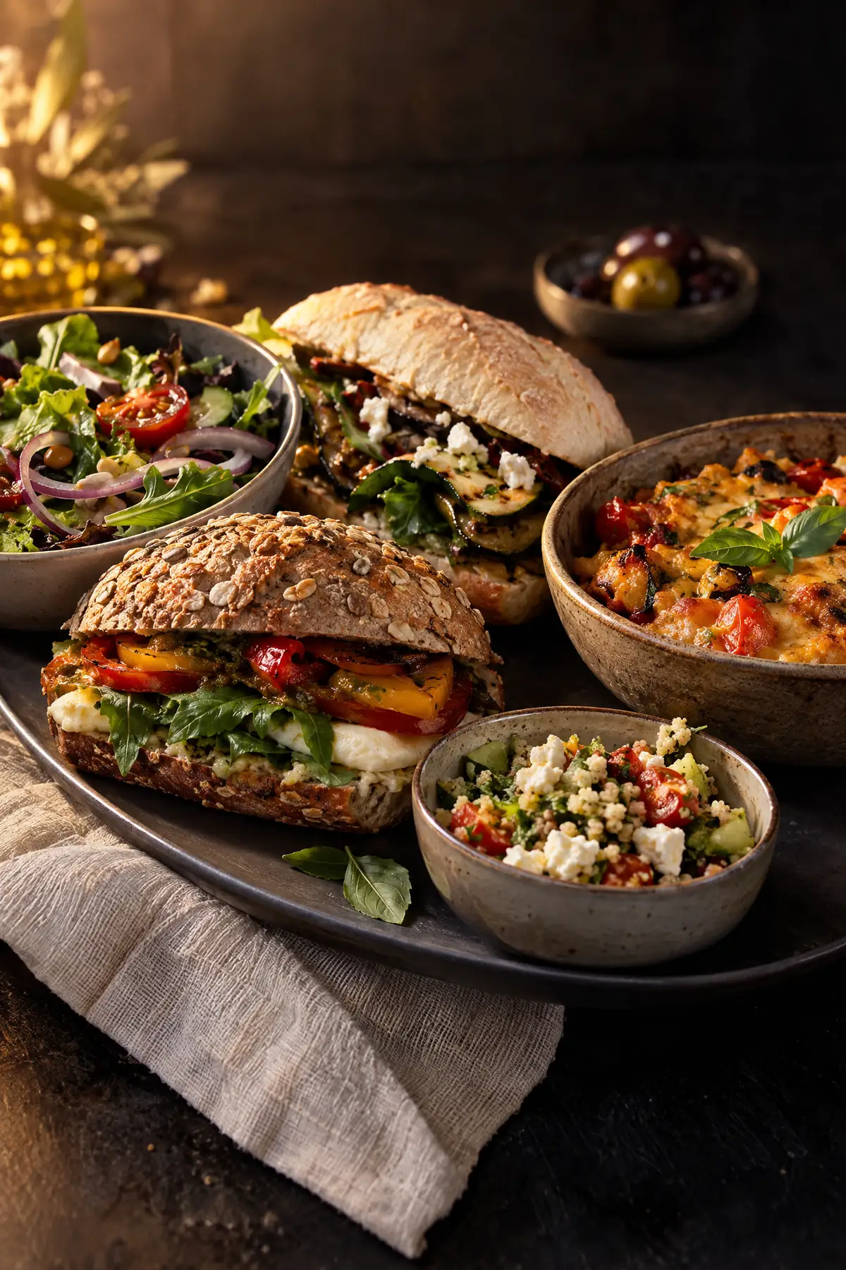 Gevulde broodjes, salades en een warme optie, vegetarisch dus zonder vlees of vis.