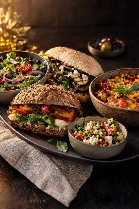 Gevulde broodjes, salades en een warme optie, vegetarisch dus zonder vlees of vis.