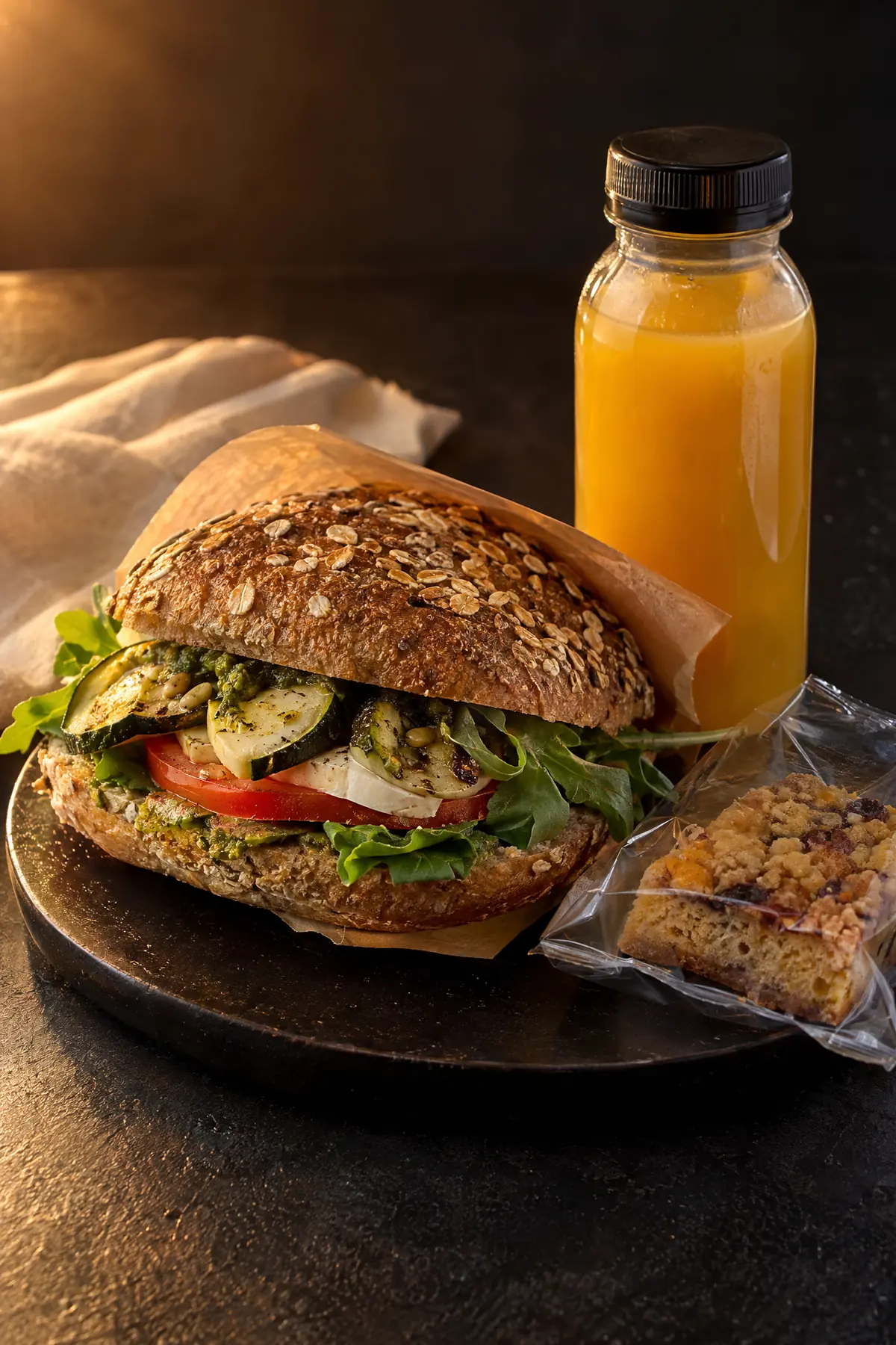 Vegetarisch belegd broodje met een drinken en iets zoets, individueel verpakt.