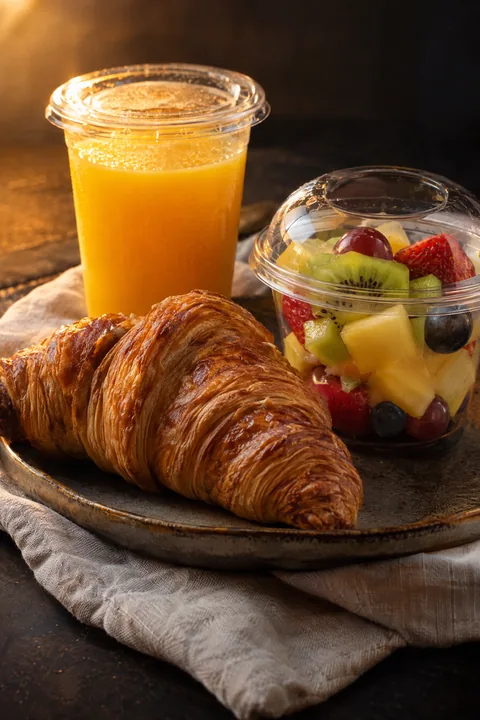Croissant, vers fruit en een drinken, individueel verpakt voor een vroege start.